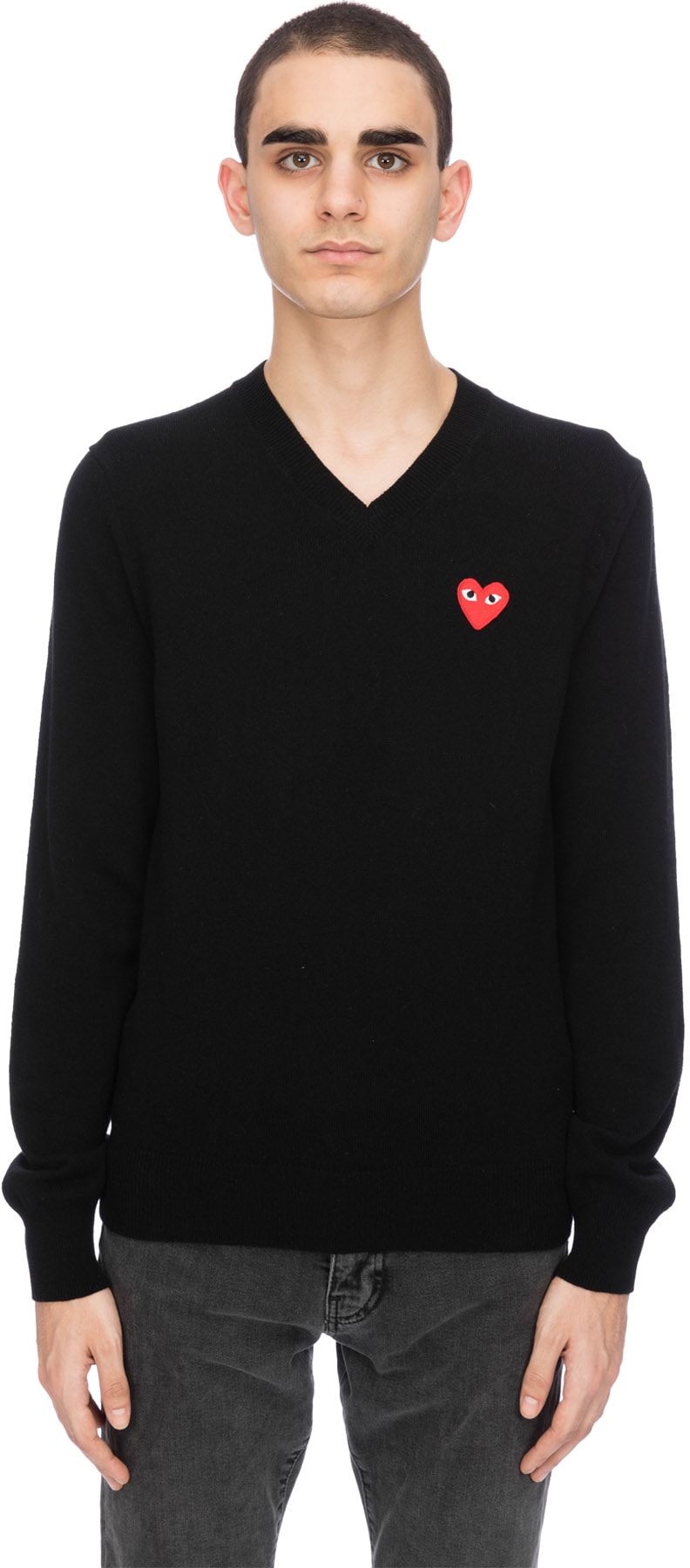 Comme des Garçons Play: Black Red Heart V-Neck Sweater - 1