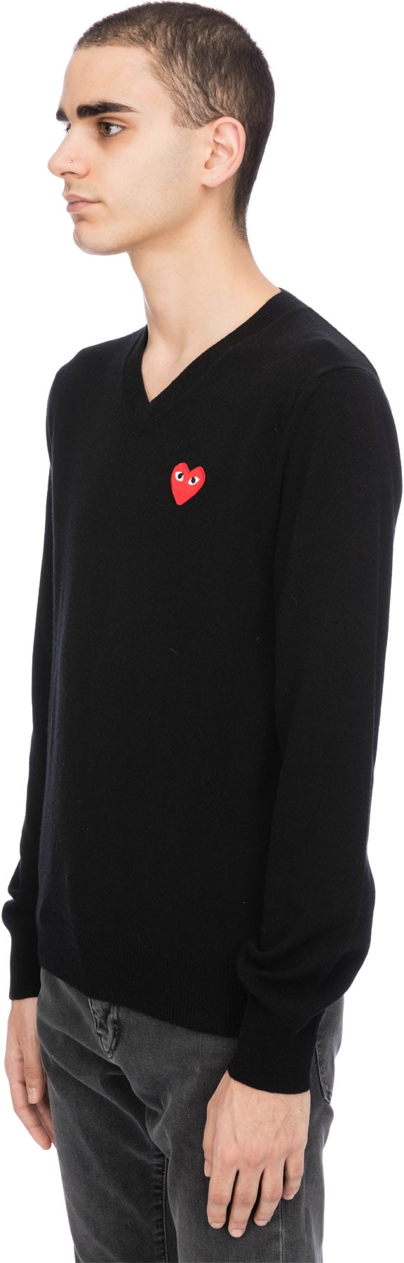 Comme des Garçons Play: Black Red Heart V-Neck Sweater - 2