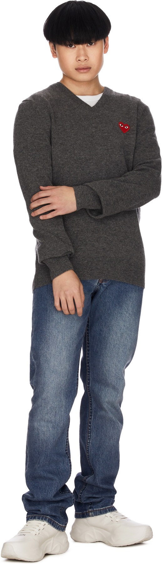 Comme des Garçons Play: Gris Pull Coeur Rouge Gris - 4
