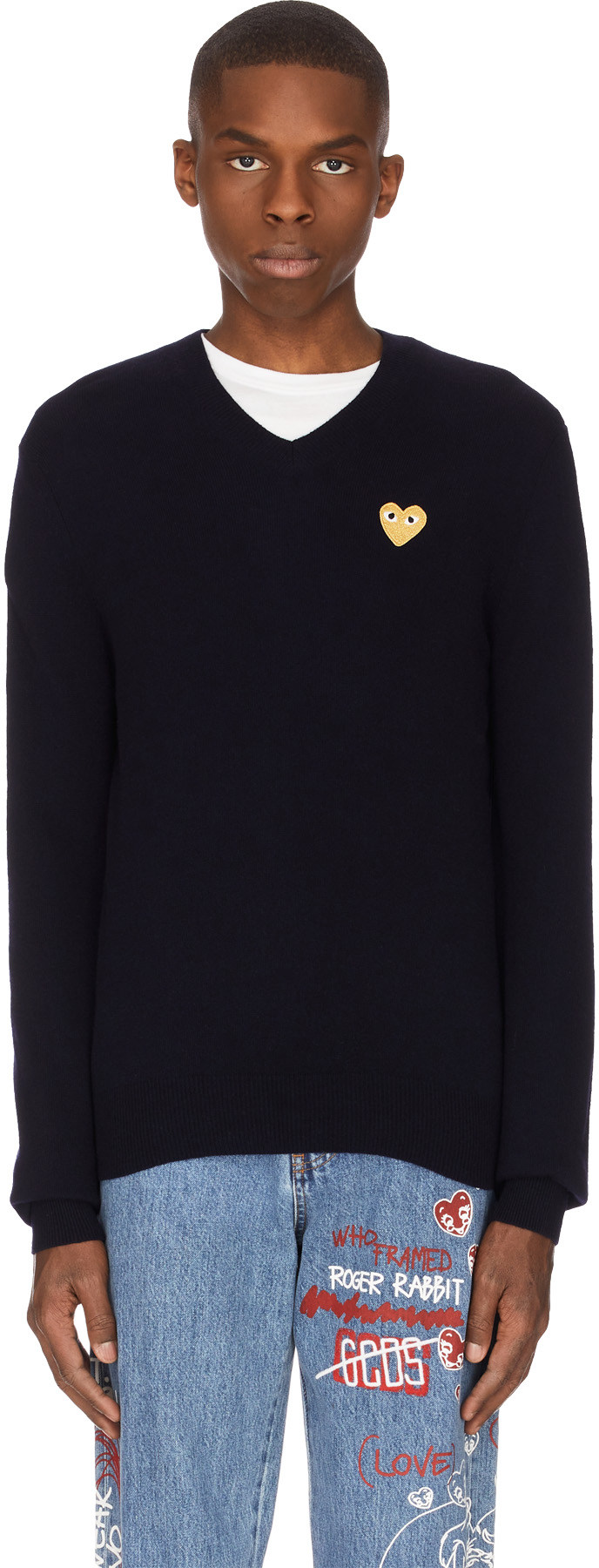 Comme des Garçons Play: Blue Gold Heart Pullover - 1
