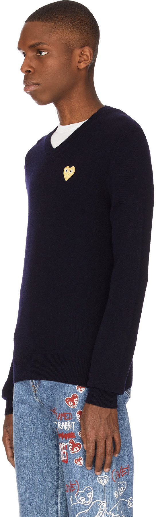 Comme des Garçons Play: Blue Gold Heart Pullover - 2