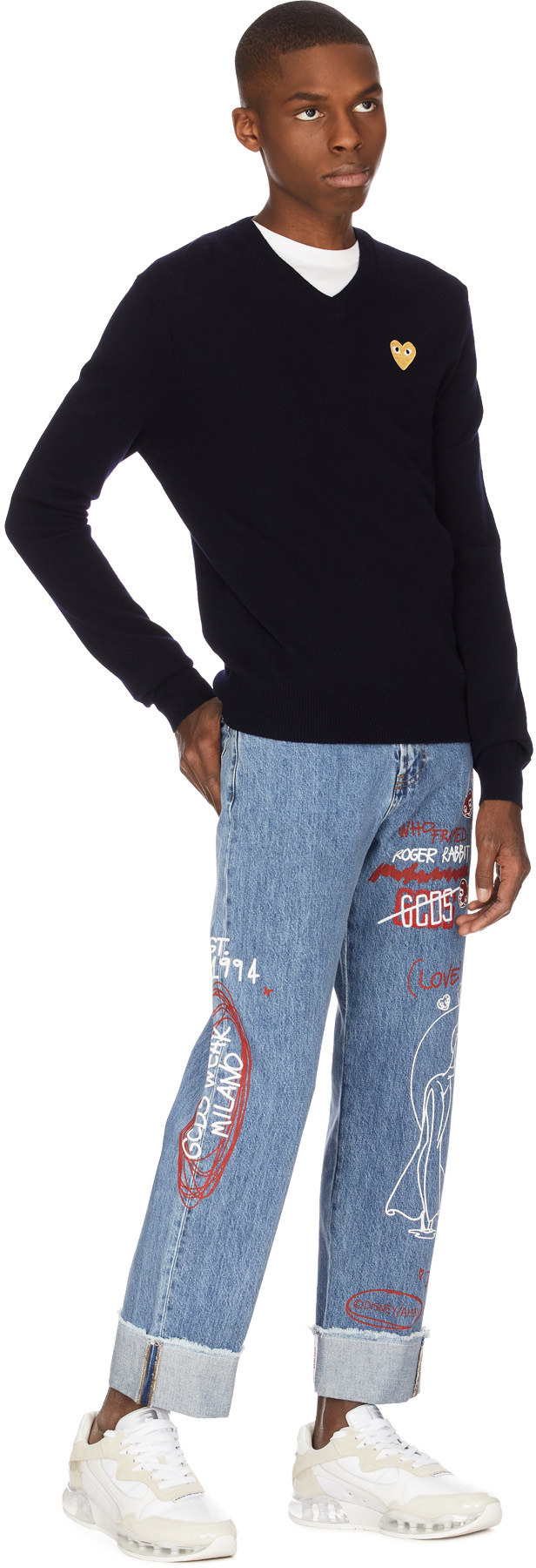 Comme des Garçons Play: Blue Gold Heart Pullover - 4