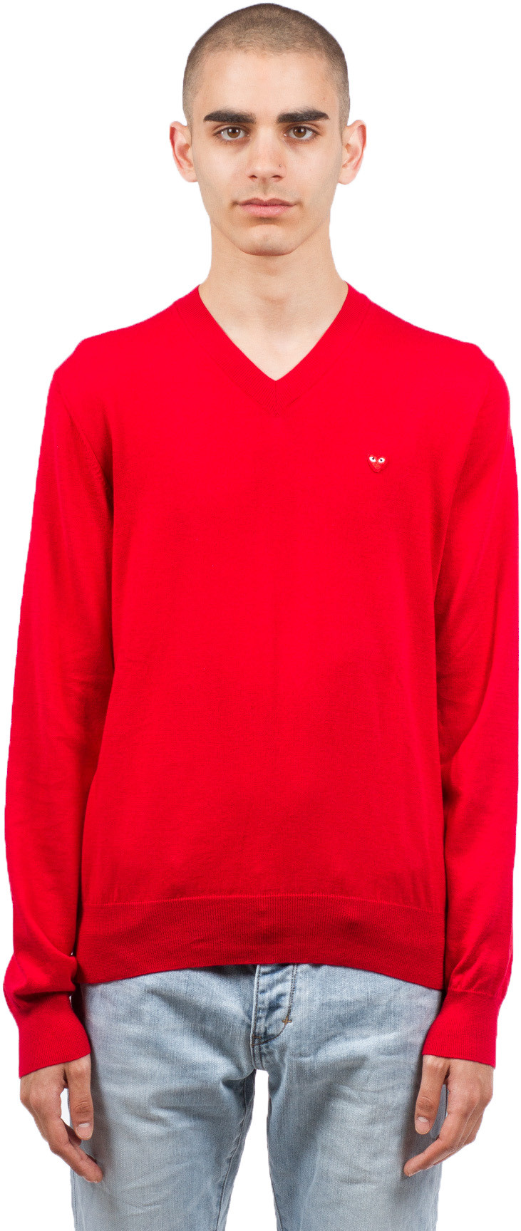 Comme des Garçons Play: Red Little Red Heart V-Neck Sweater - 1