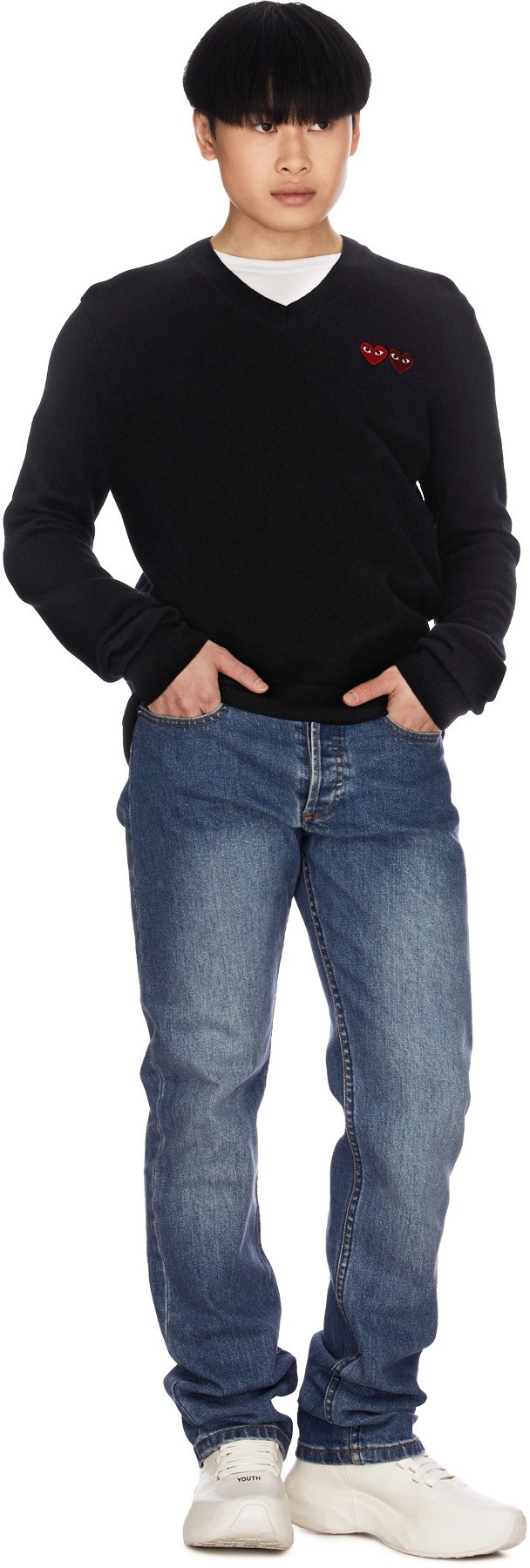 Comme des Garçons Play: Noir Pull Double Coeur Noir - 4