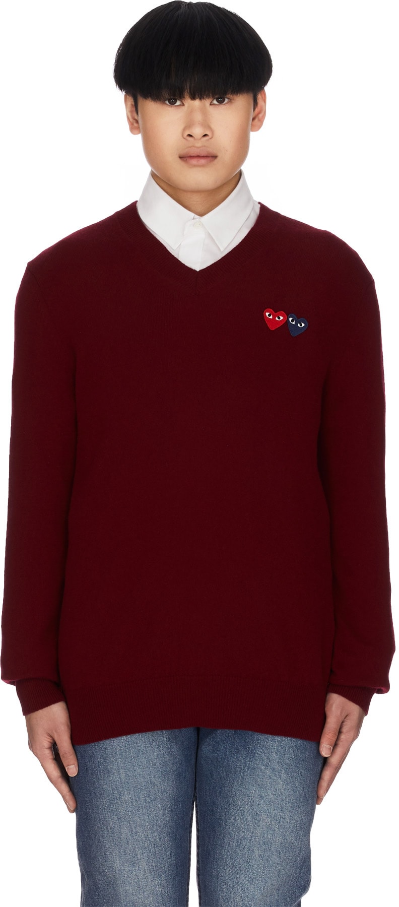 Comme des Garçons Play: Red Double Heart V-Neck Sweater - 1