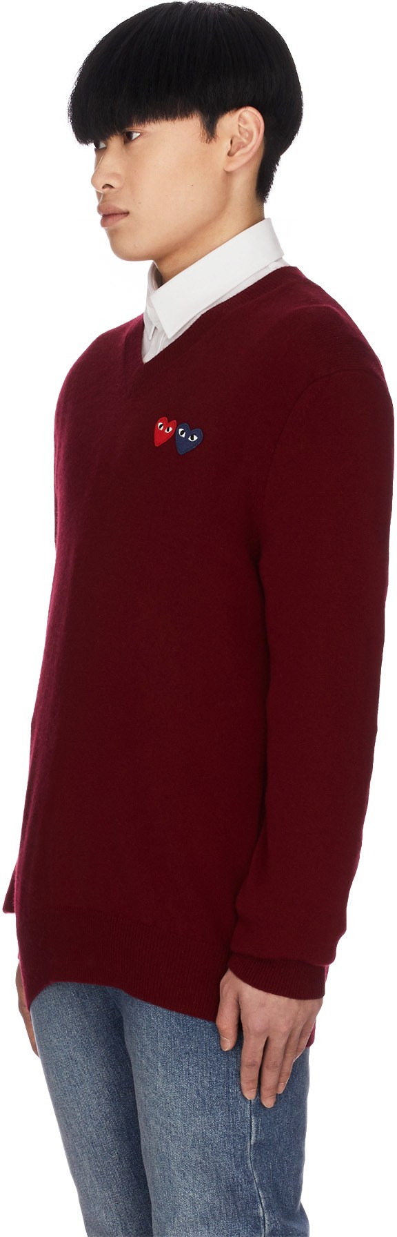 Comme des Garçons Play: Red Double Heart V-Neck Sweater - 2