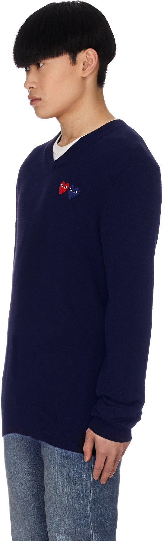 Comme des Garçons Play: Blue Double Heart V-Neck Sweater - 2