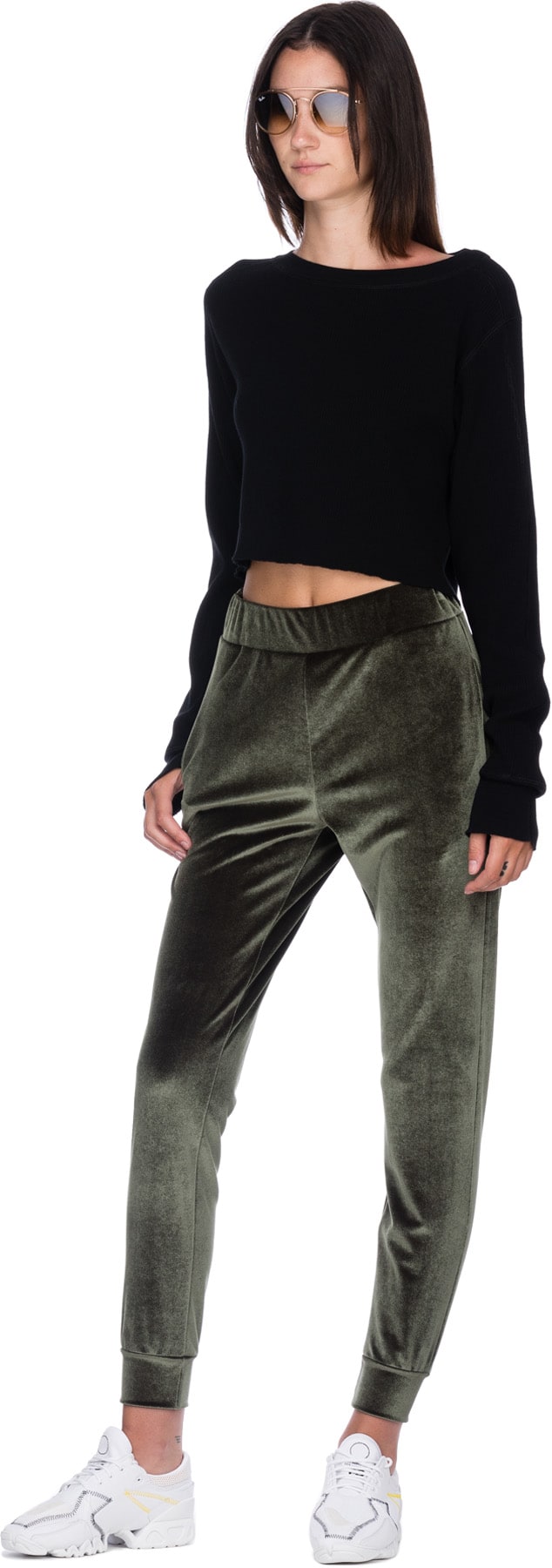 influenceu: Green High Waisted Velour Gym Pants - 4