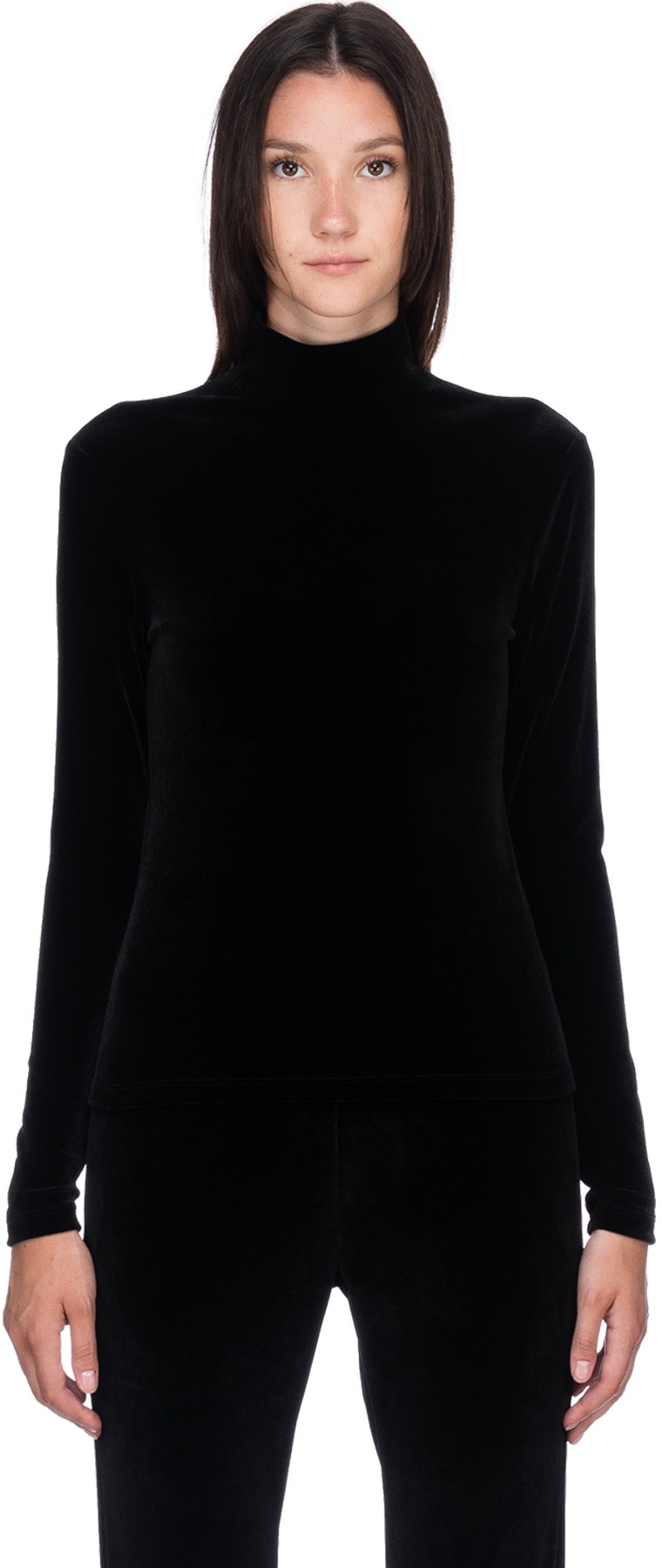 influenceu: Black Mock Neck Long Sleeve Velour T-Shirt - 1