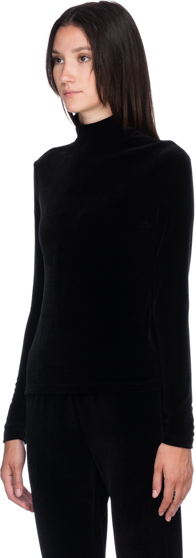 influenceu: Black Mock Neck Long Sleeve Velour T-Shirt - 2