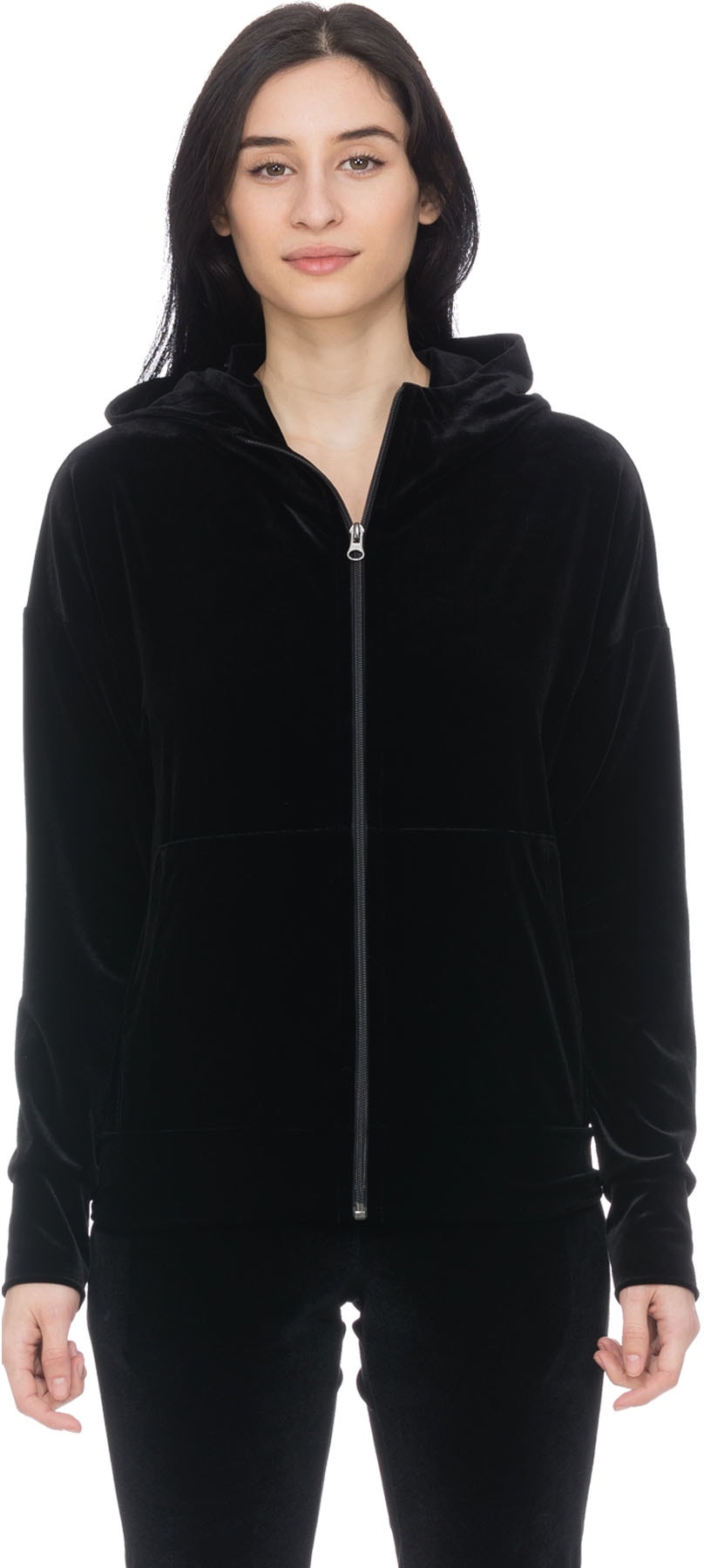 influenceu: Black Velour Zip Up Hoodie - 1