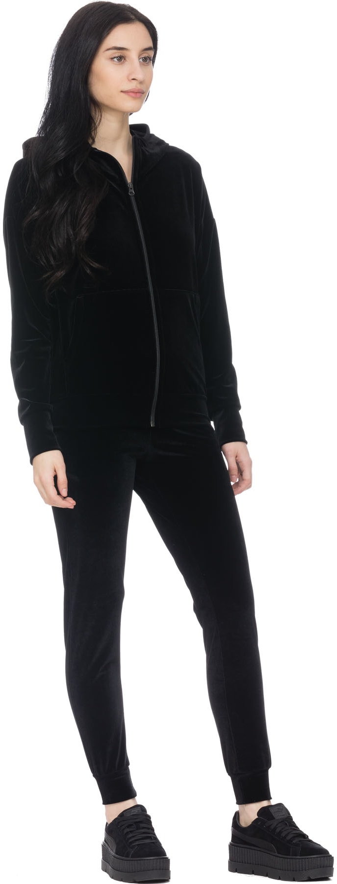 influenceu: Black Velour Zip Up Hoodie - 4