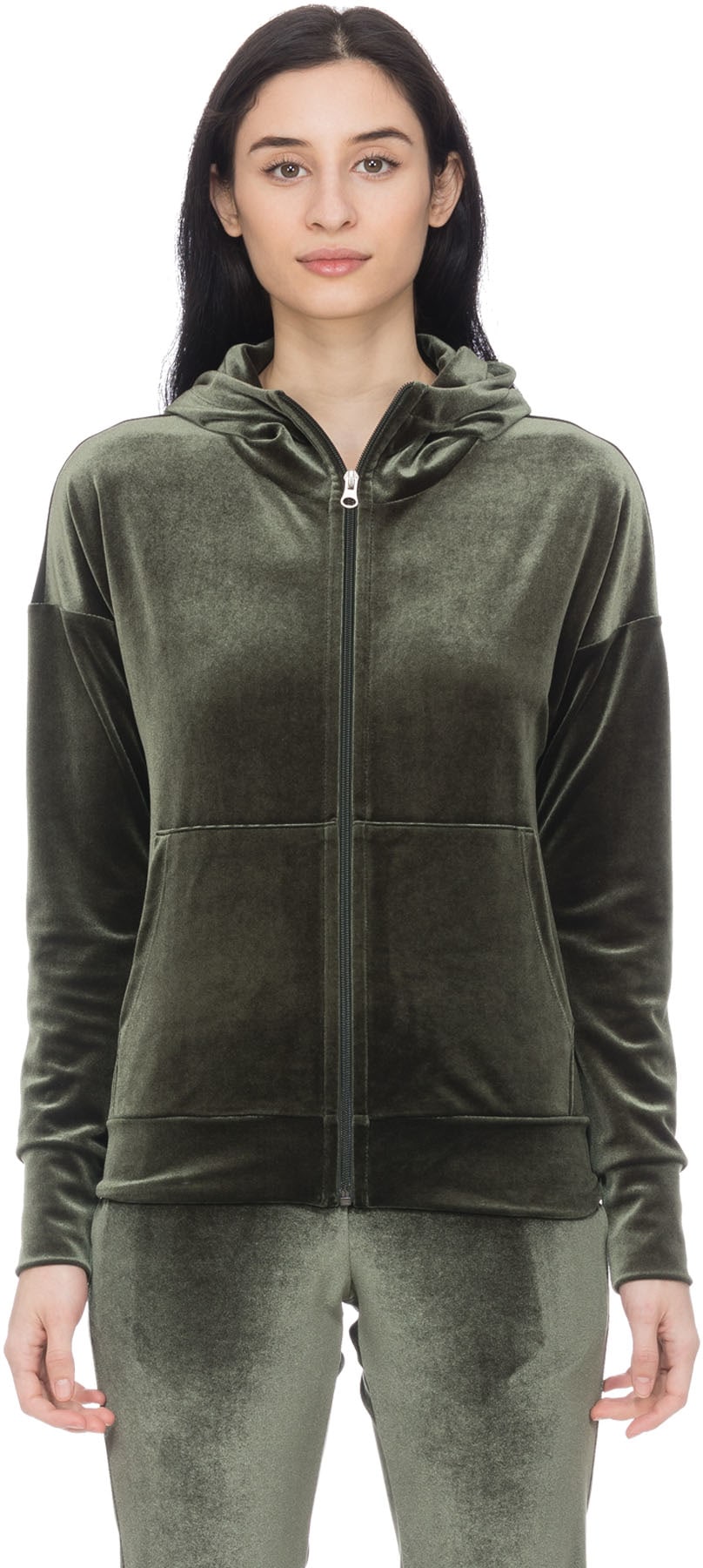 influenceu: Green Velour Zip Up Hoodie - 1