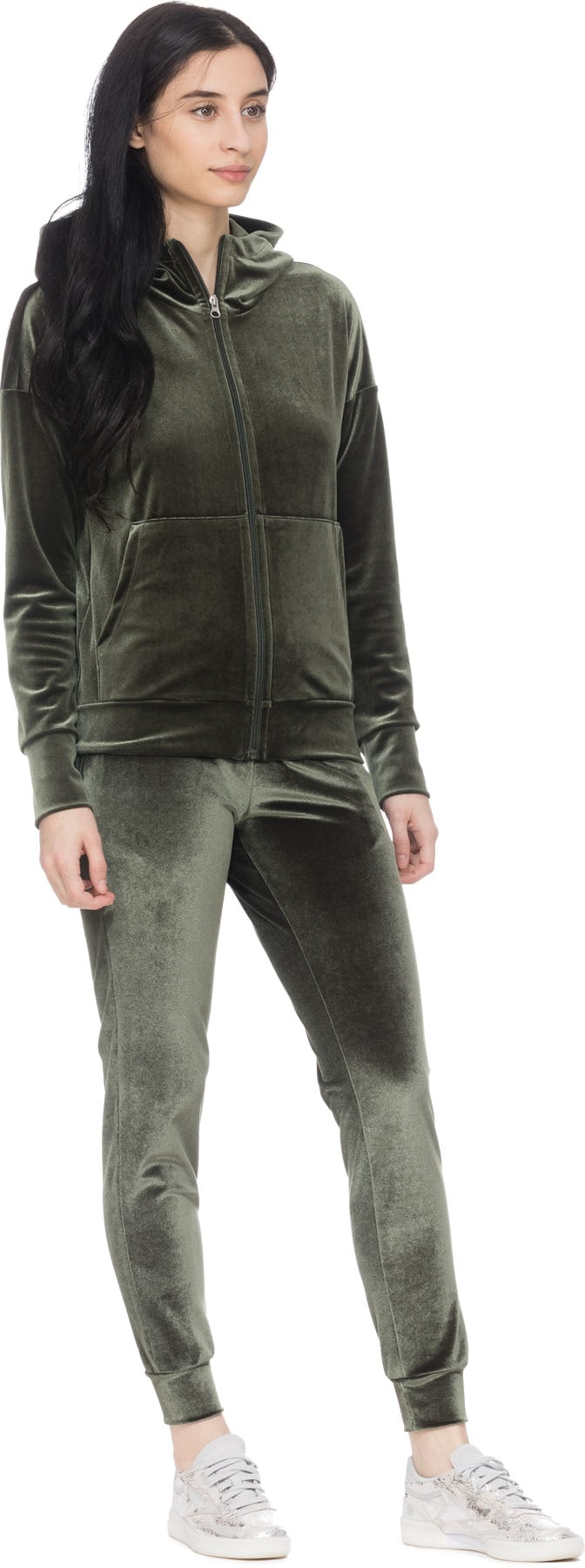 influenceu: Green Velour Zip Up Hoodie - 4