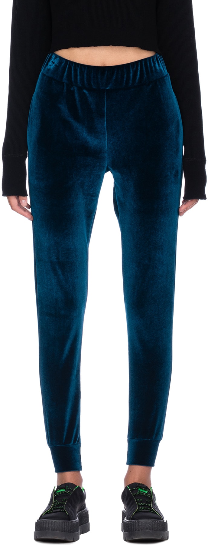 influenceu: Blue High Waisted Velvet Gym Pants - 1