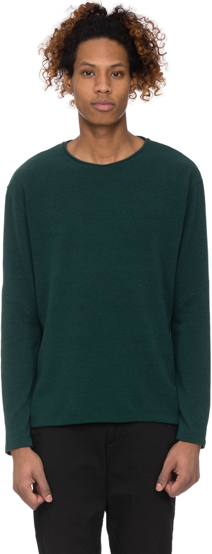 influenceu: Green Basic Ribbed Stretch Long Sleeve T-Shirt - 1