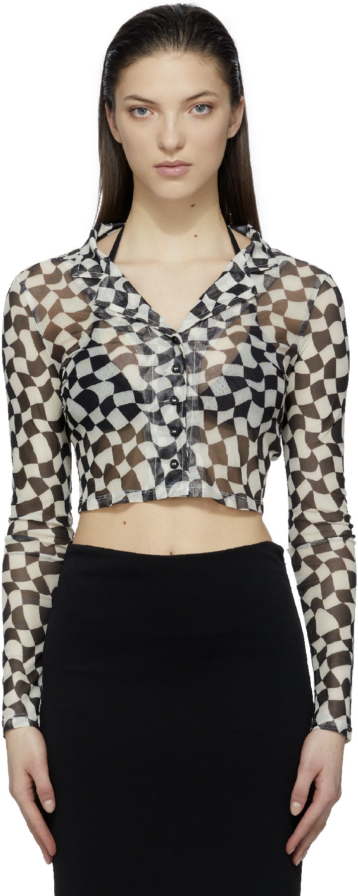 influenceu: Black Checked Cropped Shirt - 1