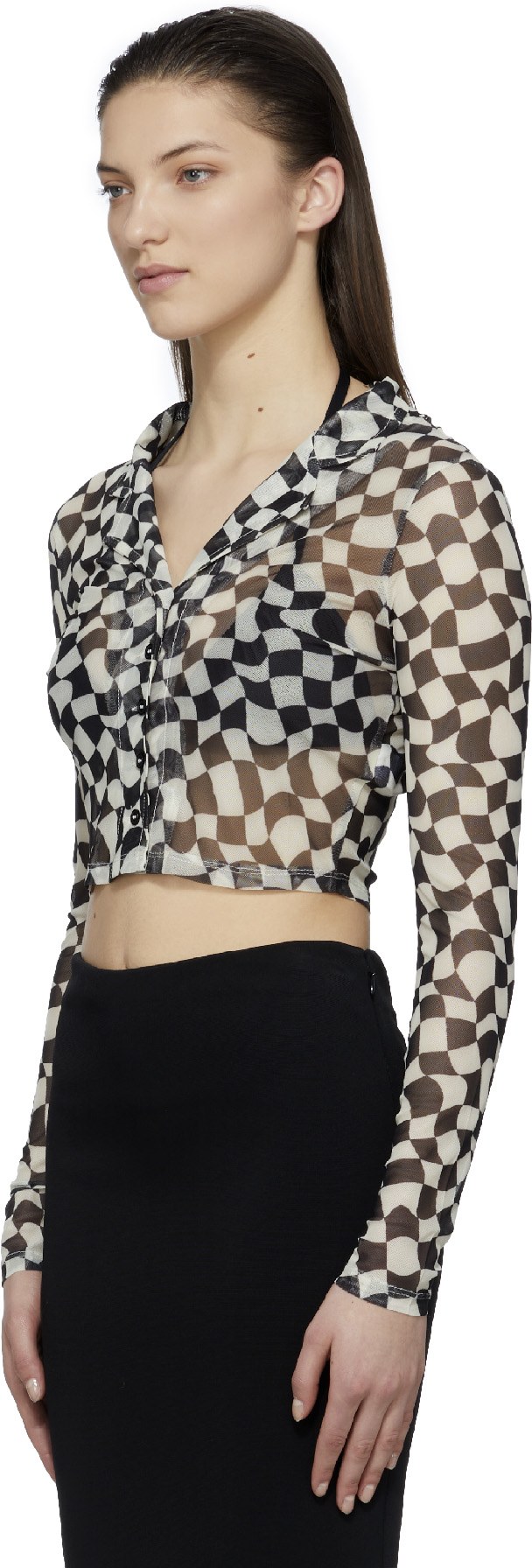 influenceu: Black Checked Cropped Shirt - 2