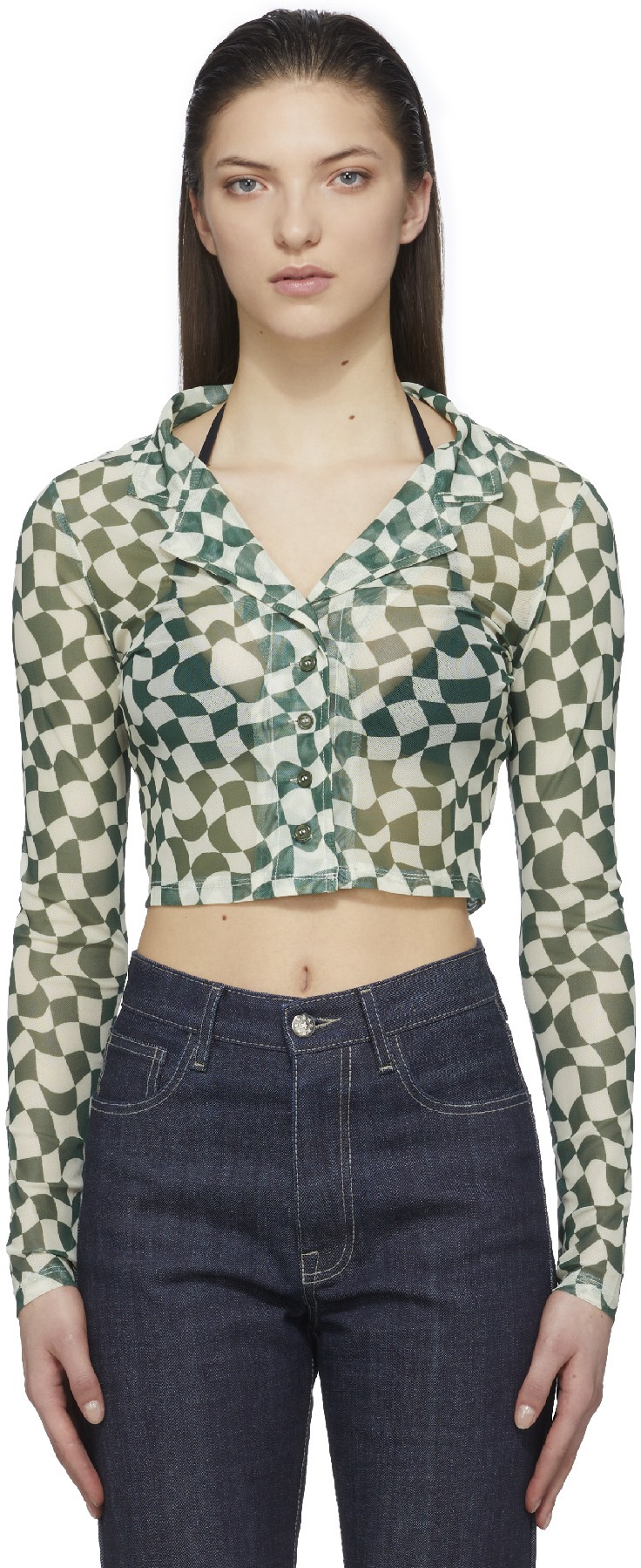 influenceu: Green Cropped Checked Shirt - 1