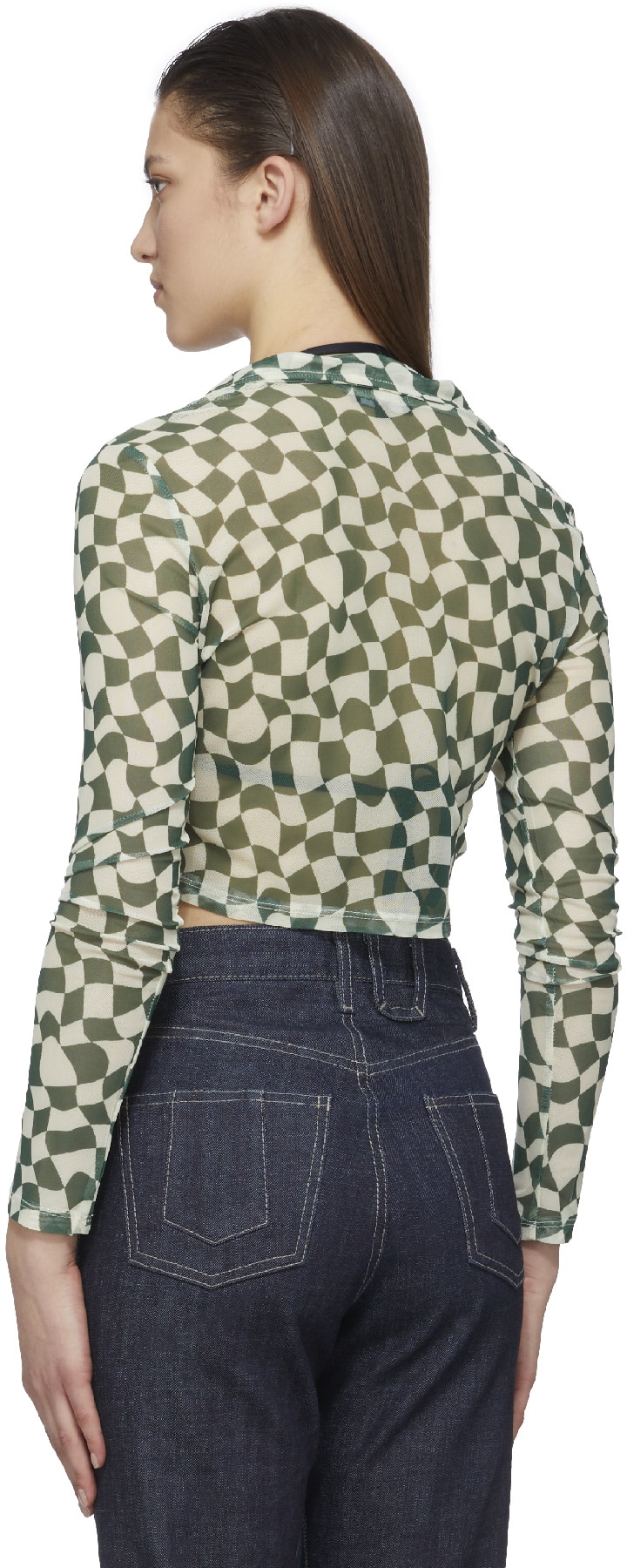 influenceu: Green Cropped Checked Shirt - 3
