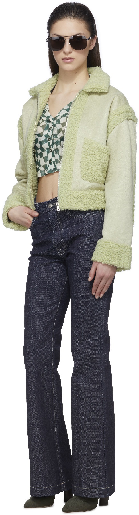 influenceu: Green Cropped Checked Shirt - 4