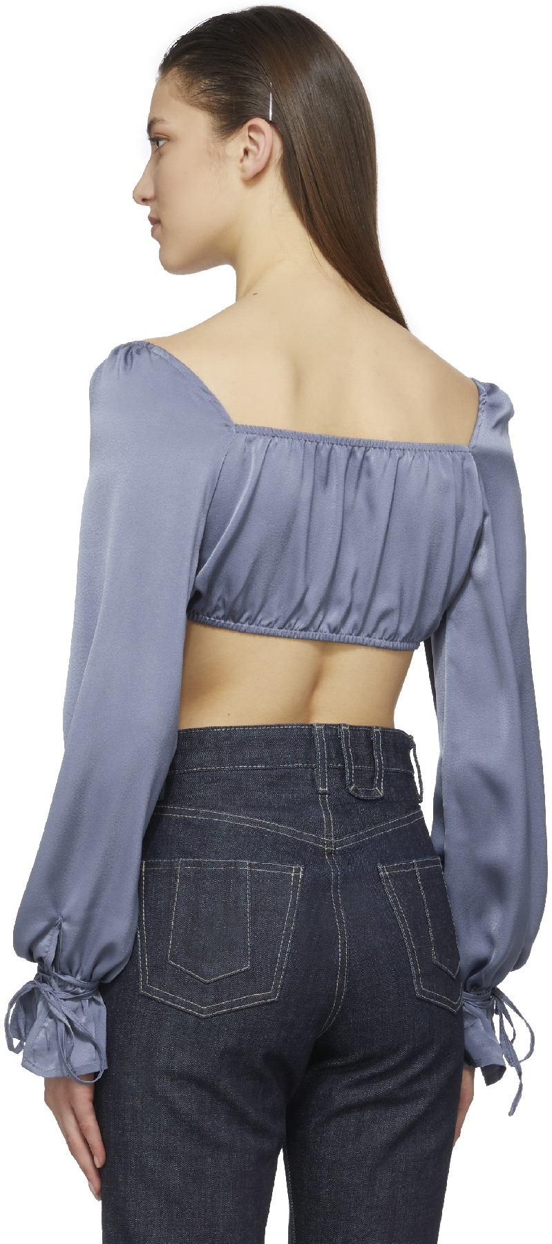 influenceu: Blue Balloon Sleeve Cropped Bustier - 3