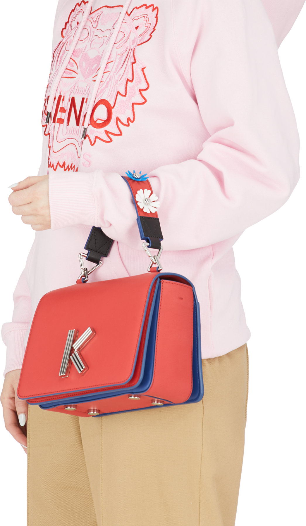 Kenzo: Red 'Flowers' Leather Carrying Handle - 3