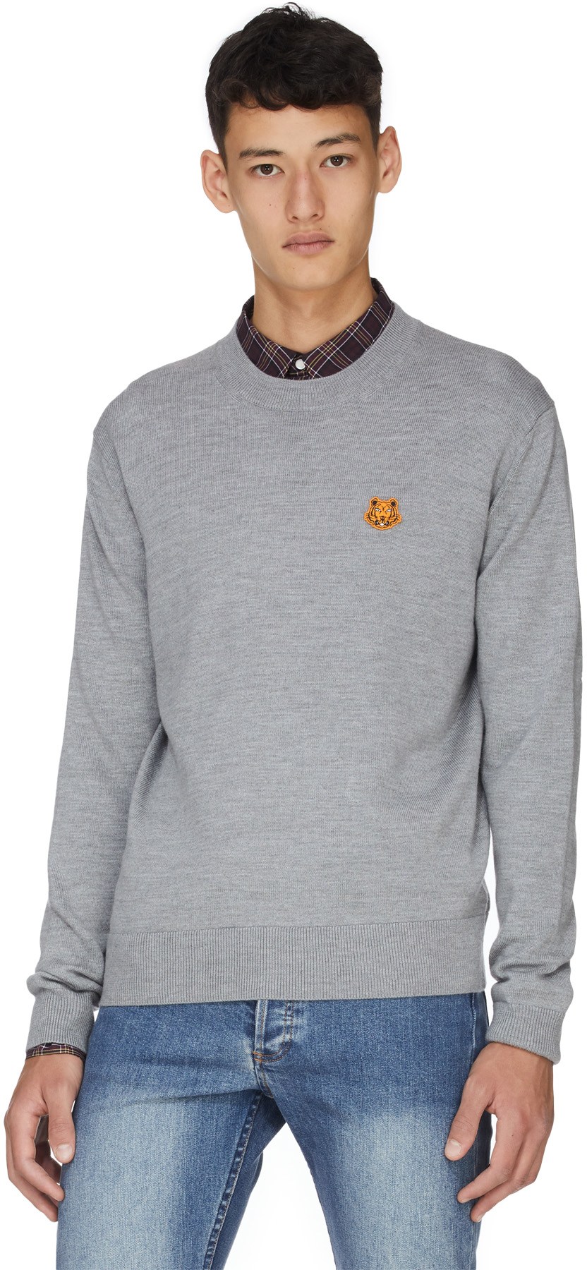 Kenzo: Gris Pull en laine Tiger Crest Gris - 3