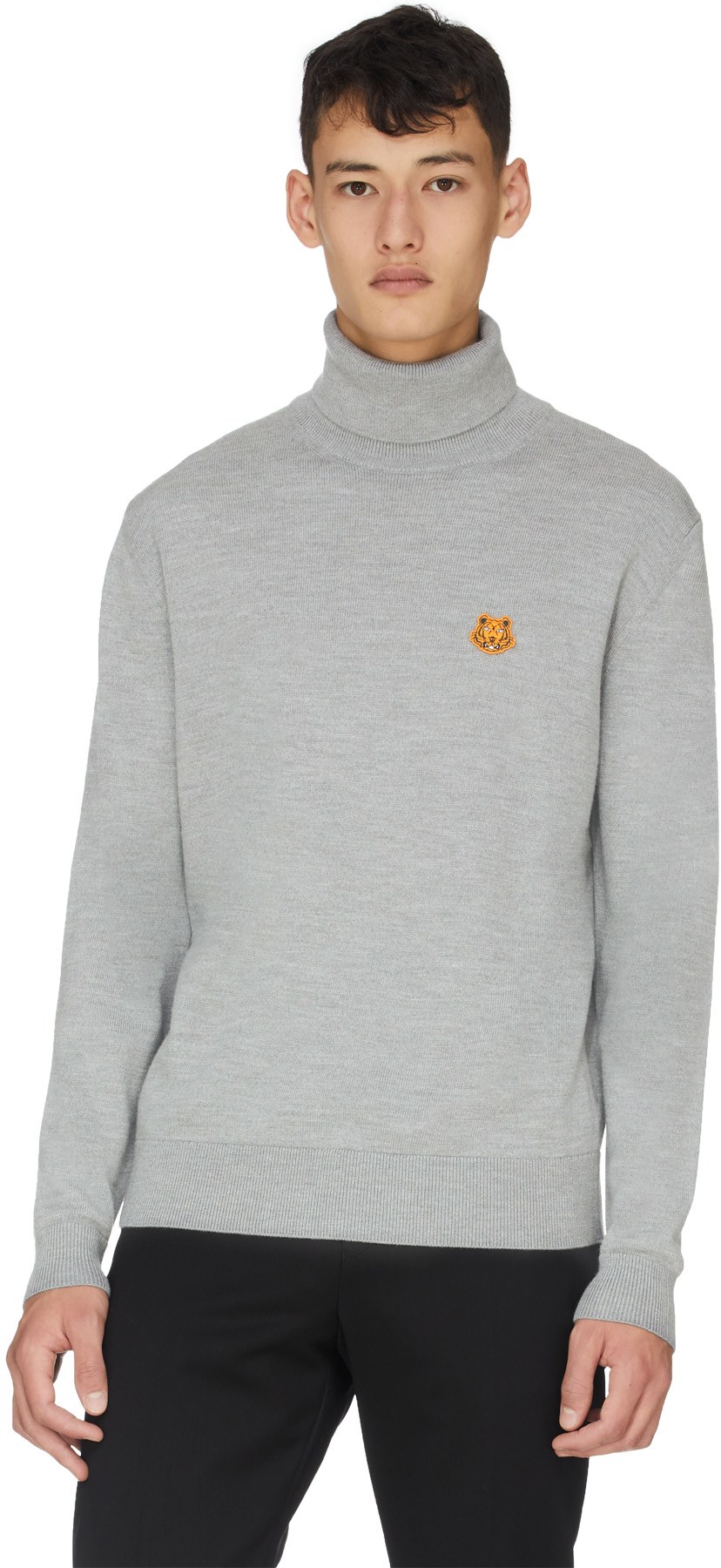 Kenzo: Grey Tiger Crest Knit Turtleneck Sweater - 3