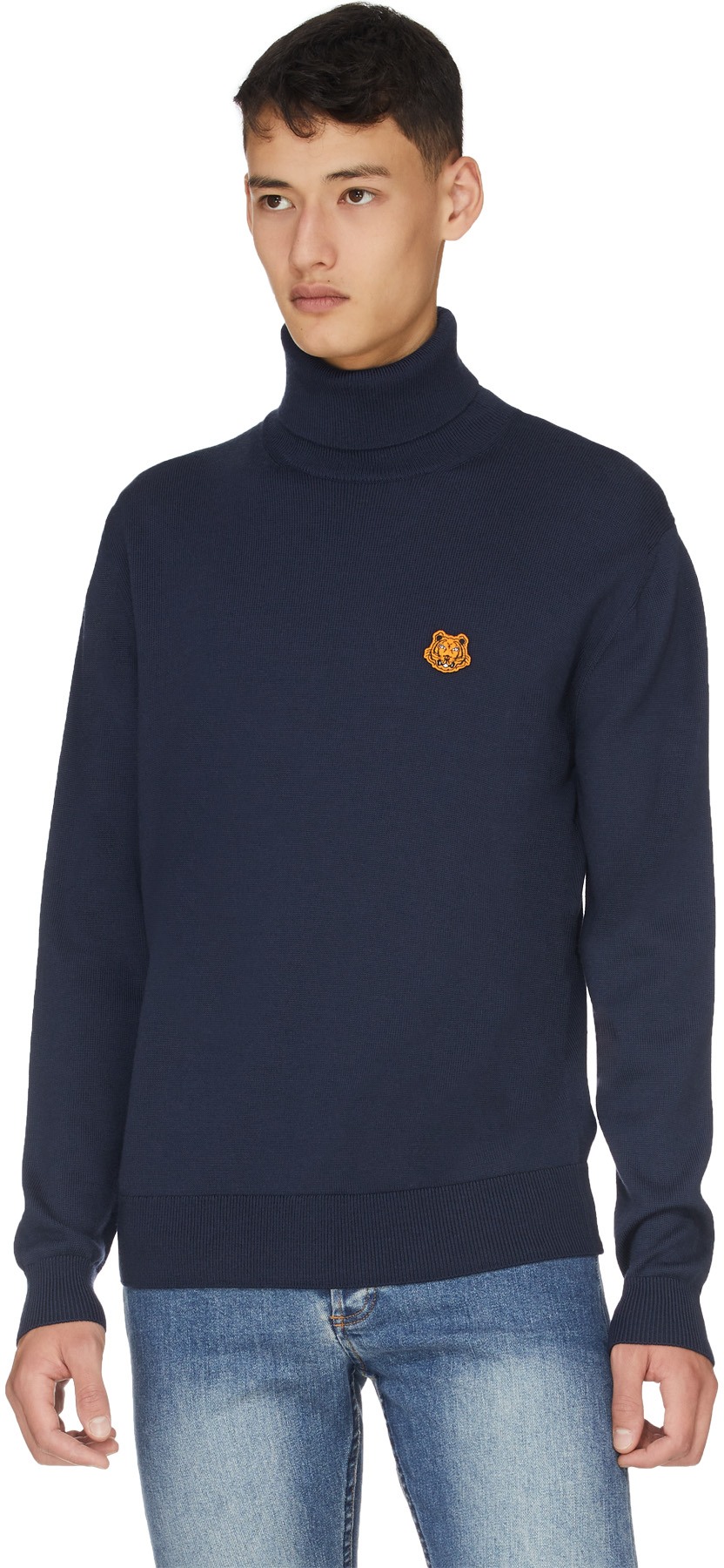 Kenzo: Blue Tiger Crest Knit Turtleneck Pullover Sweater - 3