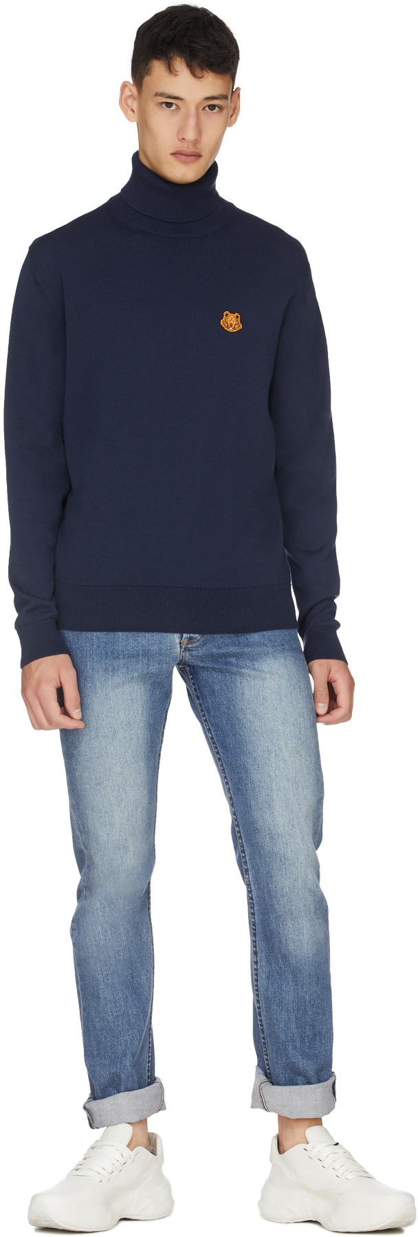 Kenzo: Blue Tiger Crest Knit Turtleneck Pullover Sweater - 4
