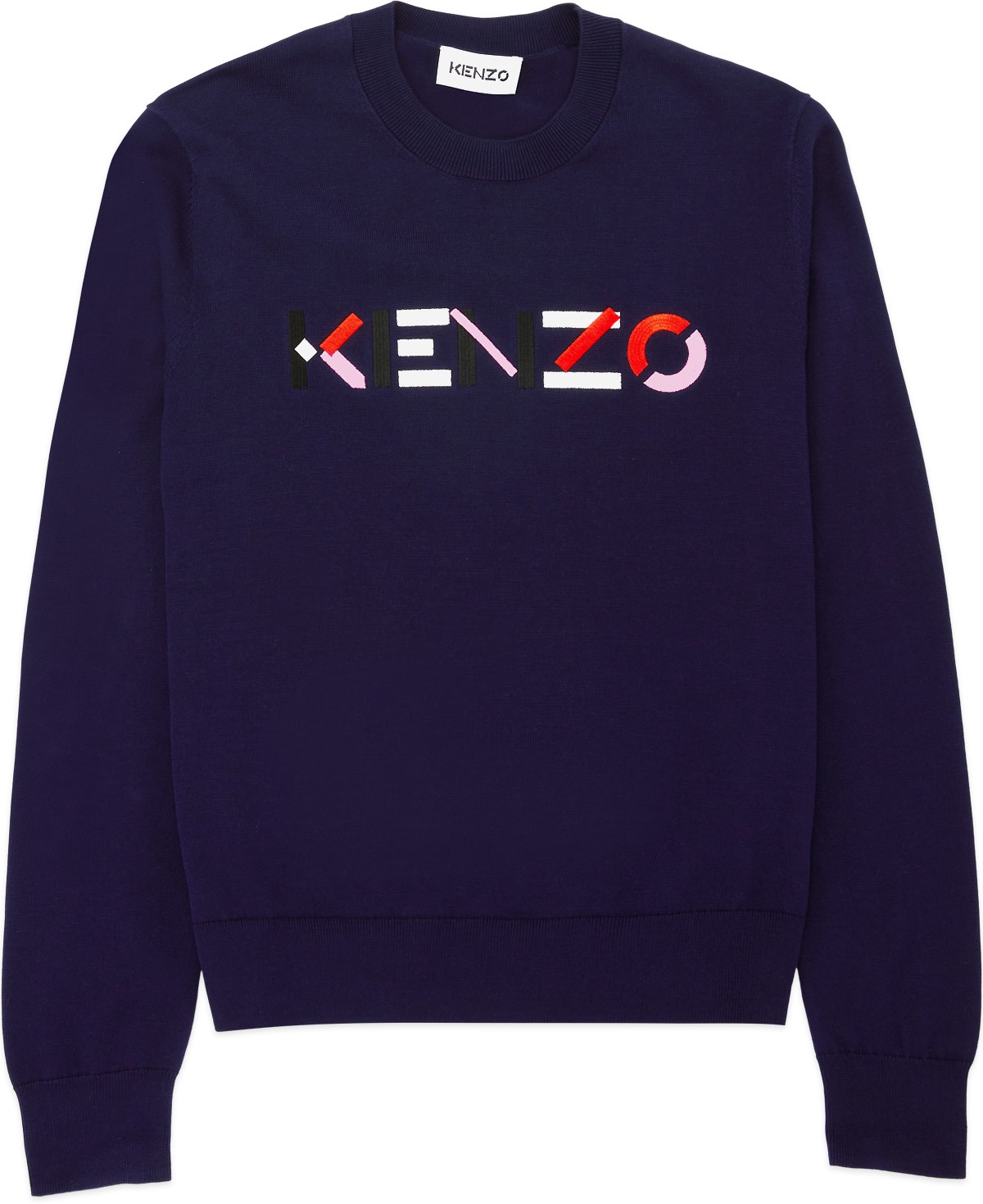 Kenzo: Blue Multicolored Logo Knit Crew Sweater - 1