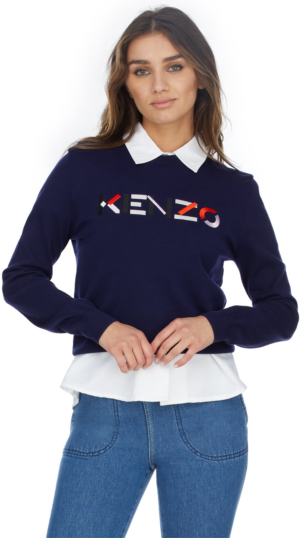 Kenzo: Blue Multicolored Logo Knit Crew Sweater - 3