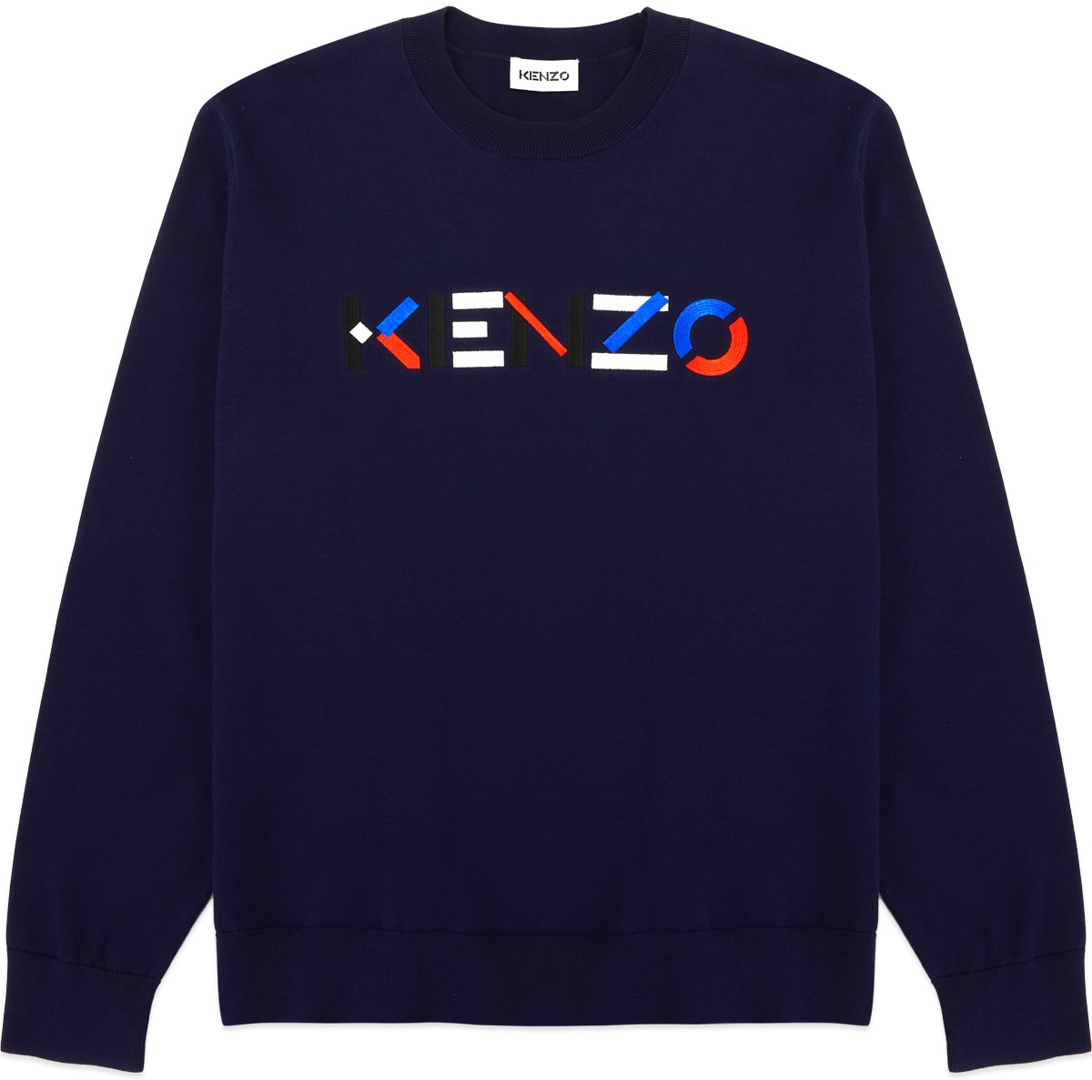 Kenzo: Blue Multicolored Logo Knit Crew Sweater - 1