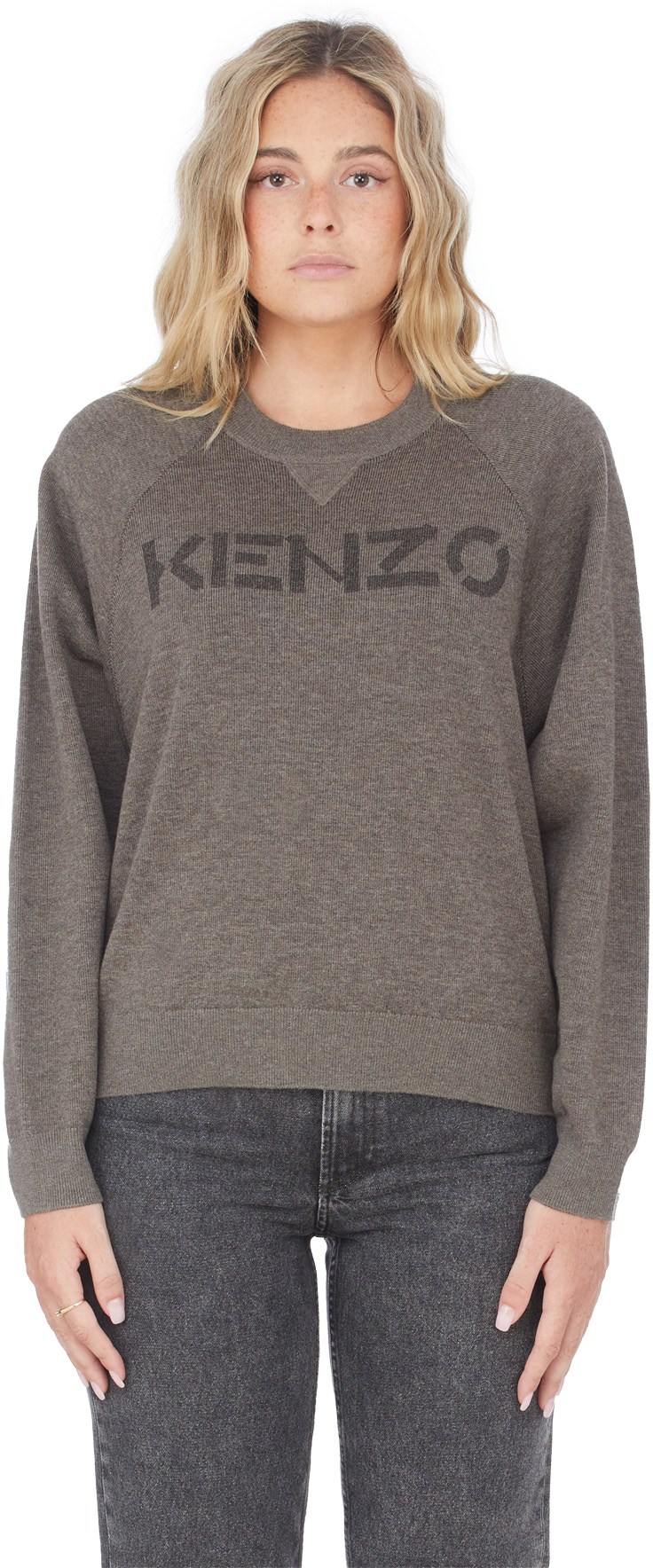 Kenzo: Grey Logo Knit Crew Sweater - 1