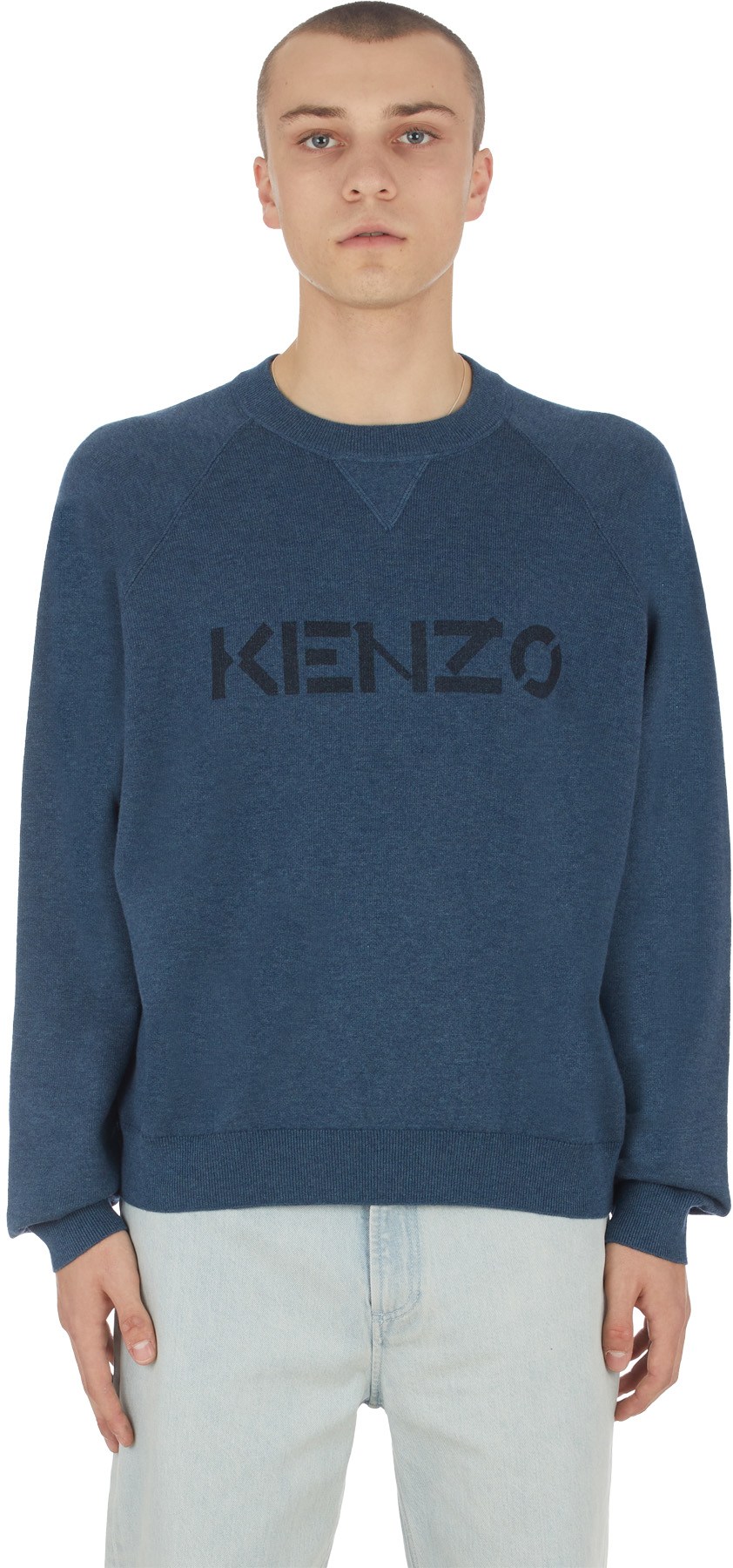 Kenzo: Blue Logo Knit Crew Sweater - 1