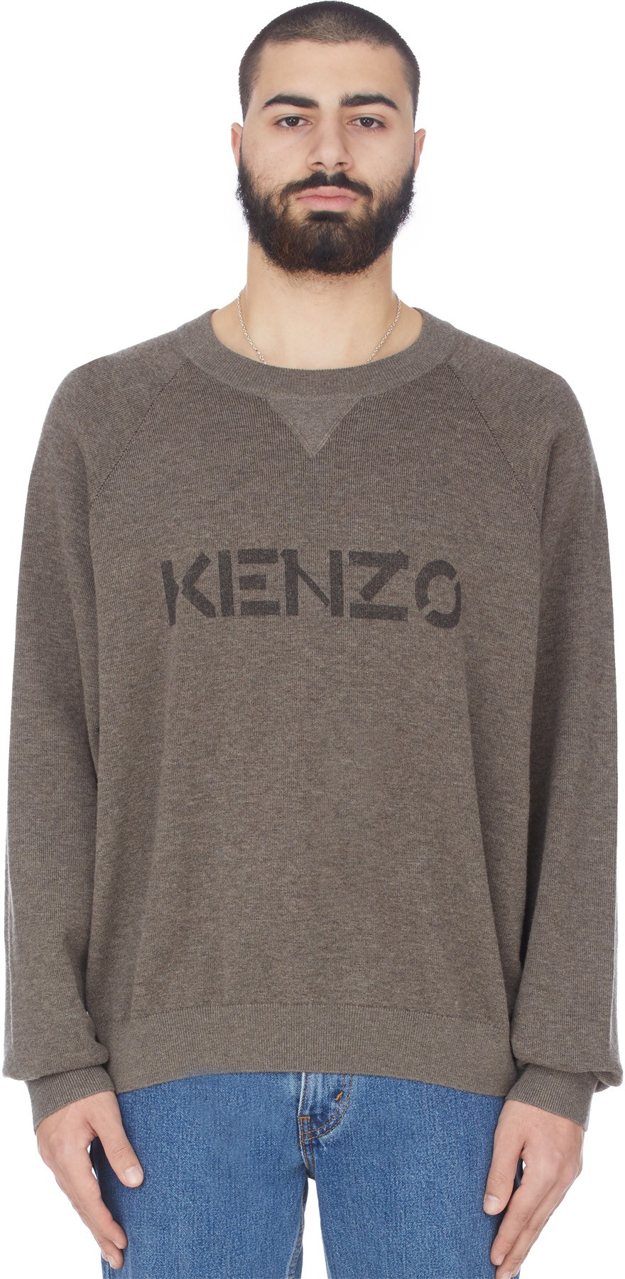 Kenzo: Grey Logo Knit Crew Sweater - 1