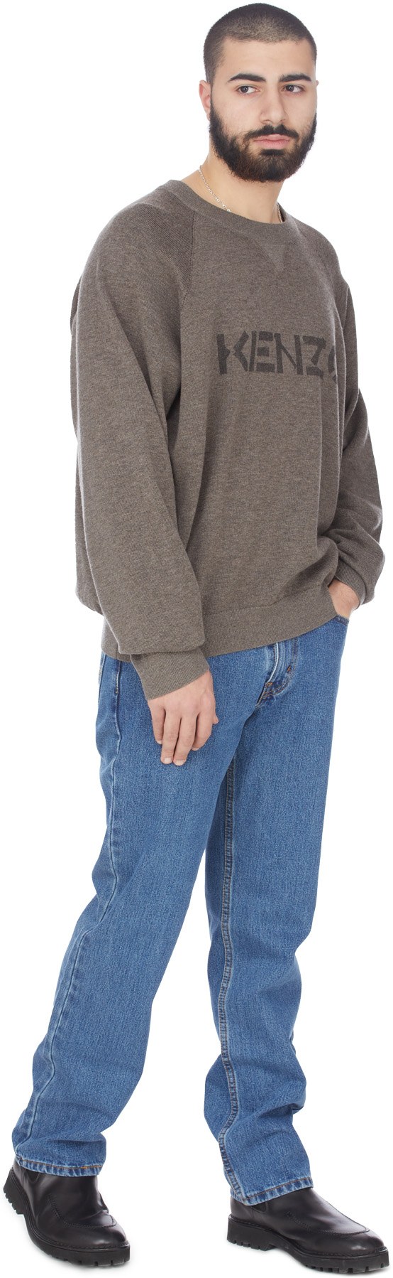 Kenzo: Grey Logo Knit Crew Sweater - 4