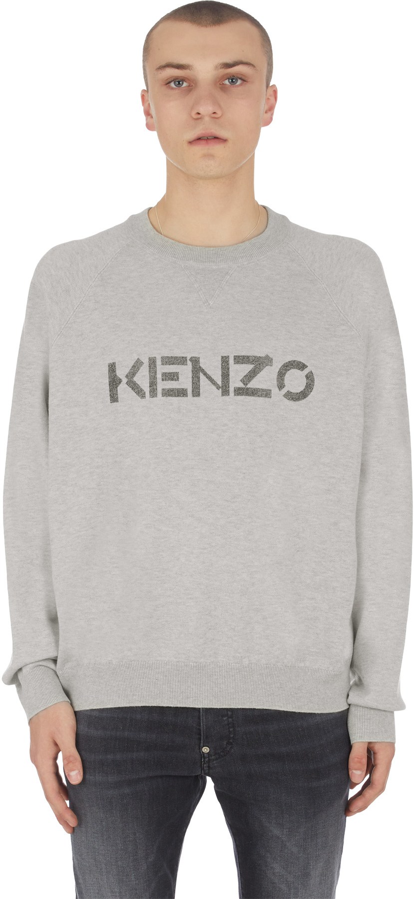 Kenzo: Grey Logo Knit Crew Sweater - 1