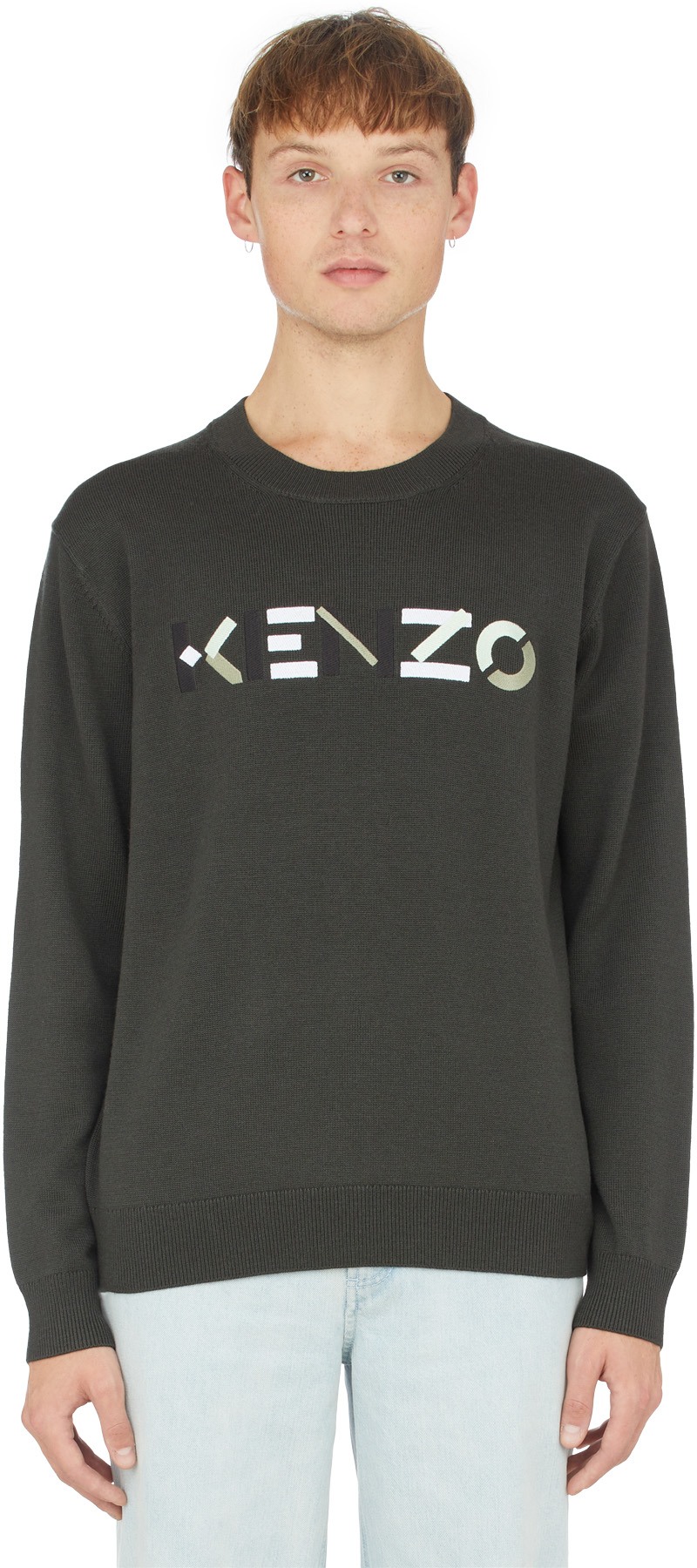 Kenzo: Grey Multicolor Logo Knit Crew Sweater - 1