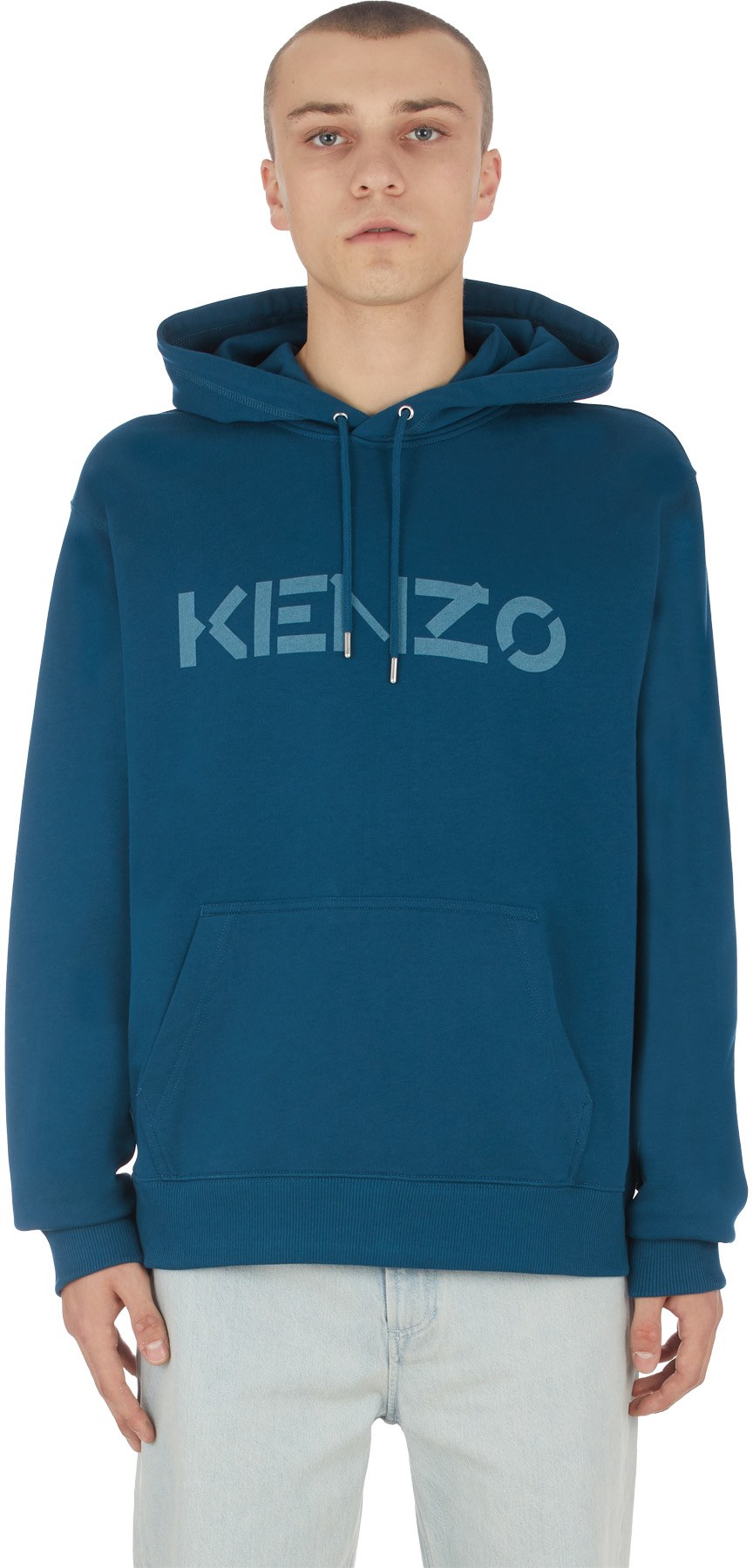 Kenzo: Bleu Pull à Capuche Classique Logo Bleu - 1