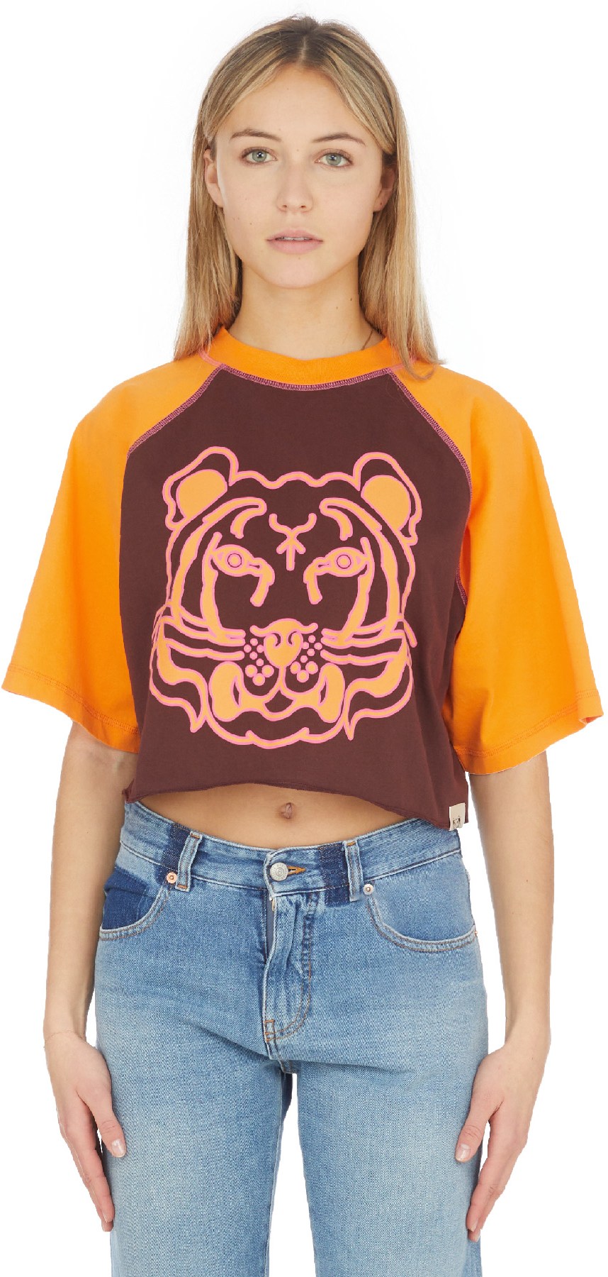 Kenzo: Red Two-Tone K-Tiger Cropped T-Shirt - 1