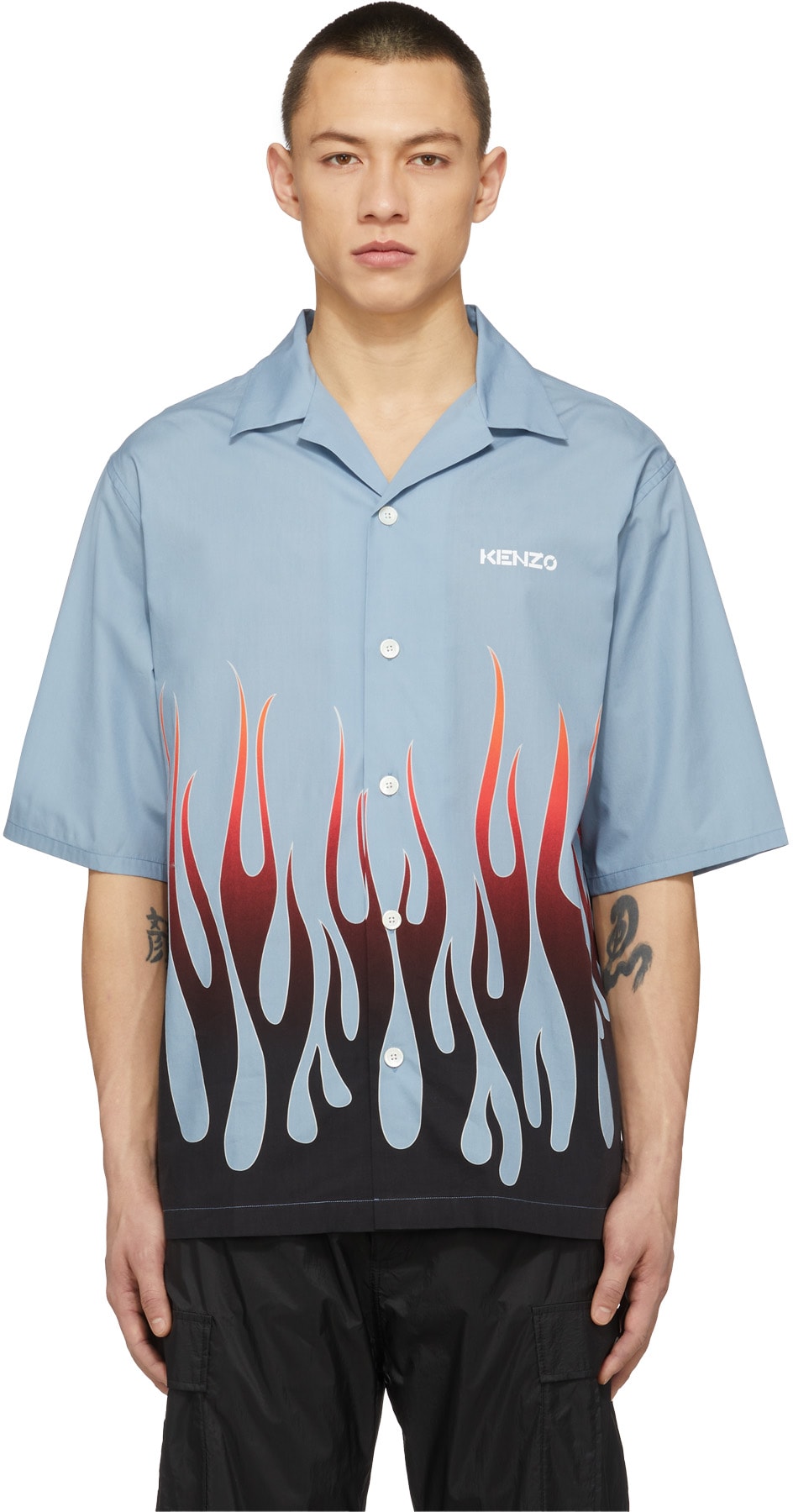 Kenzo: Bleu Chemise à Manches Courtes Flames Bleu - 1