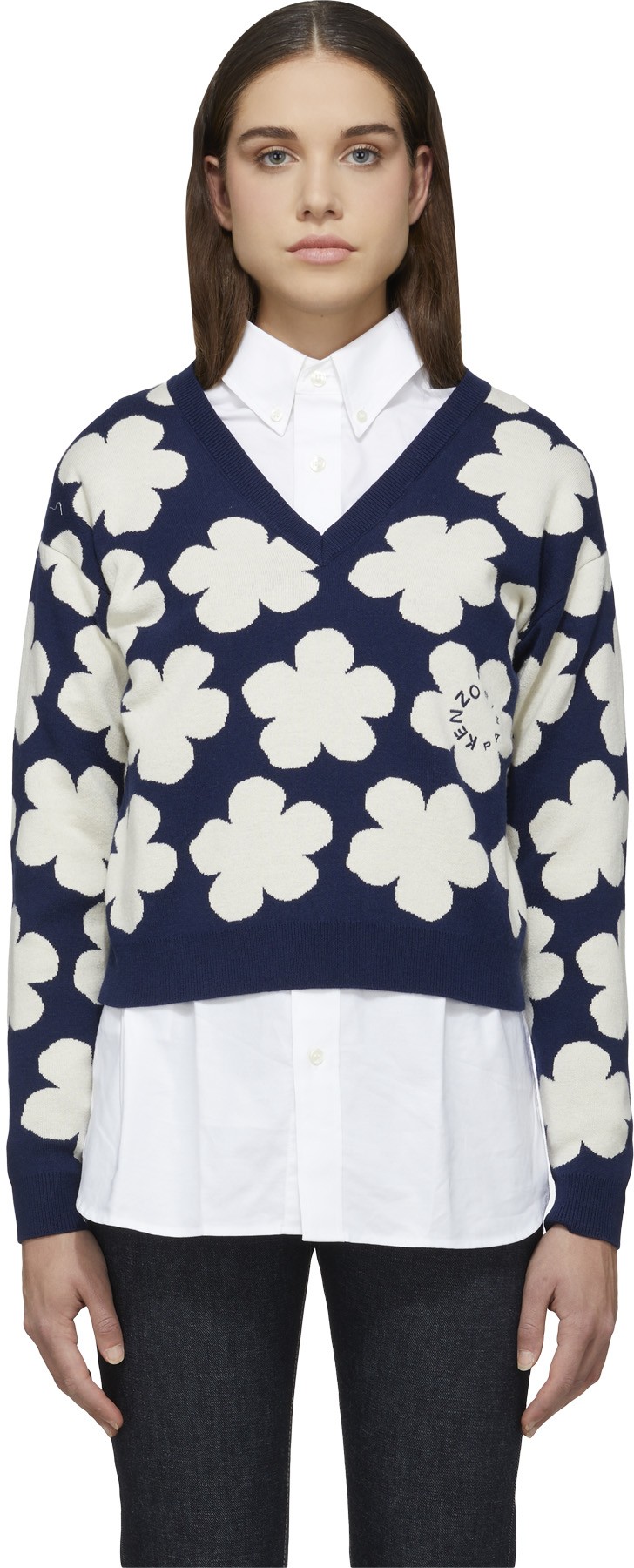 Kenzo: Blue 'Hana Dots' Jacquard Knit V-Neck Sweater - 1