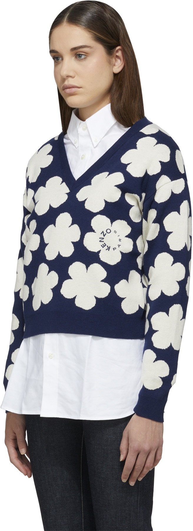 Kenzo: Blue 'Hana Dots' Jacquard Knit V-Neck Sweater - 2