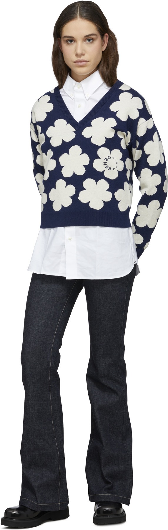 Kenzo: Blue 'Hana Dots' Jacquard Knit V-Neck Sweater - 4