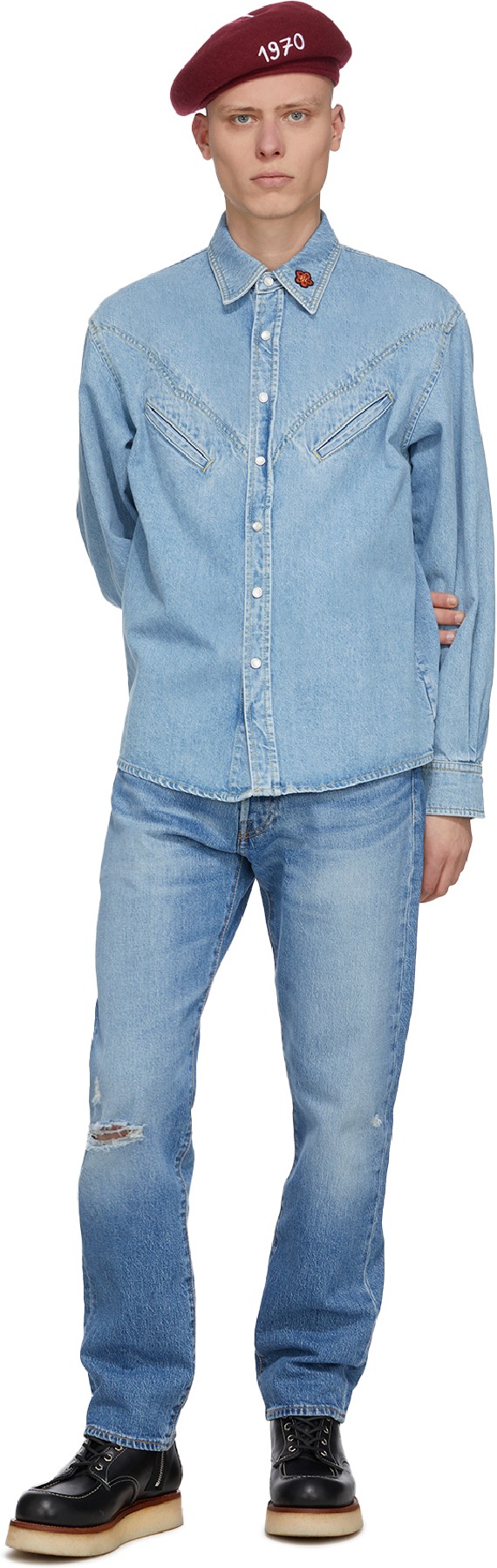 Kenzo: Bleu Chemise Western en Denim Bleu - 4