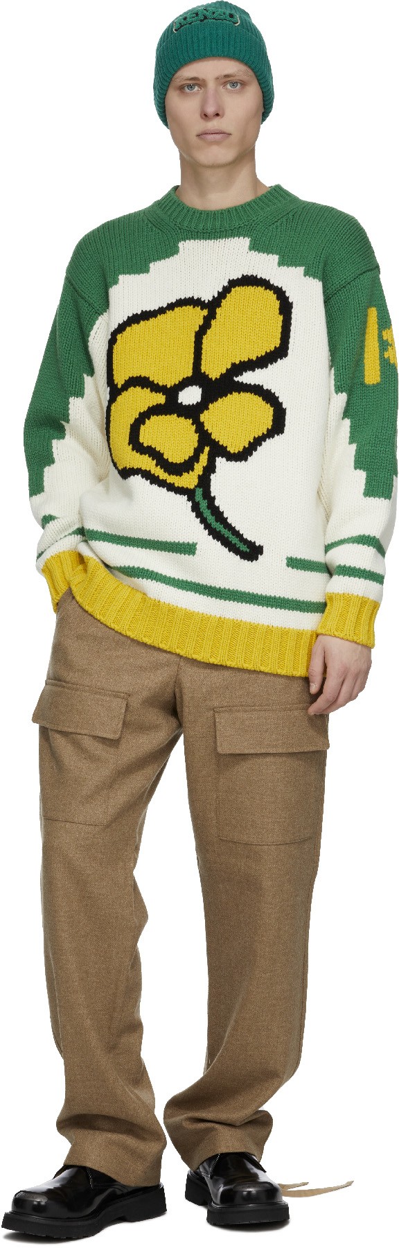 Kenzo: Green Oversized 'Kenzo Poppy' Knit Crew Sweater - 4