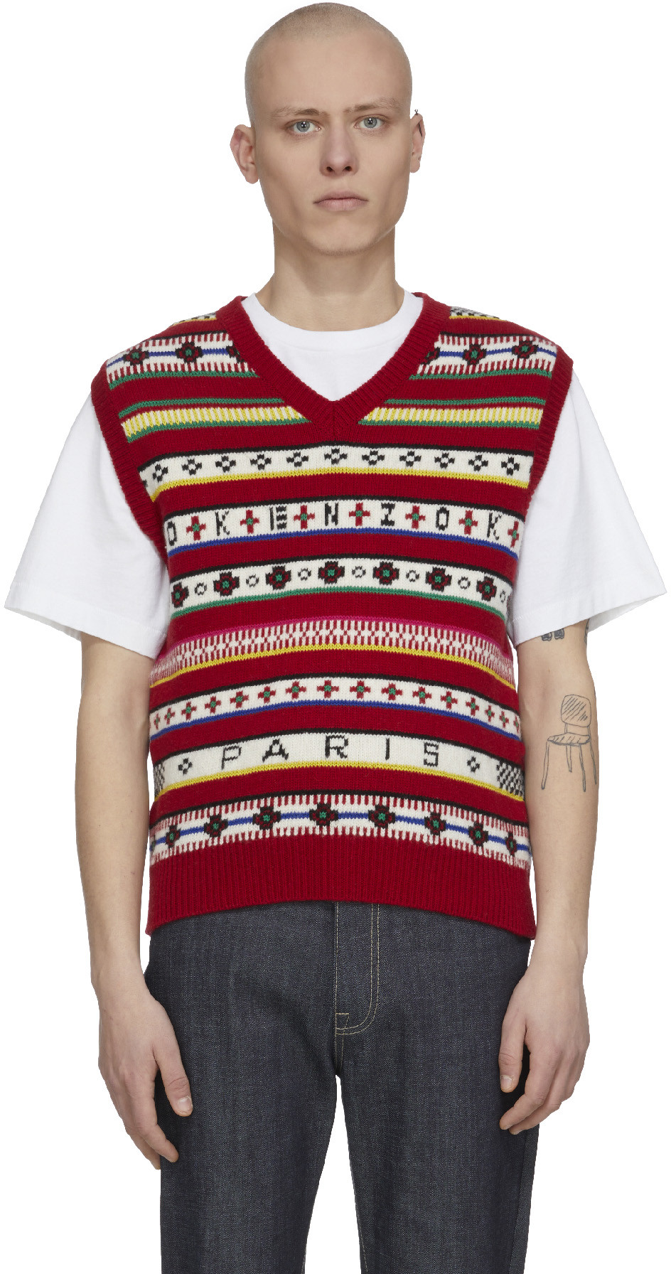 Kenzo: Red 'Fair Isle' Jacquard Knit V-Neck Sweater - 1