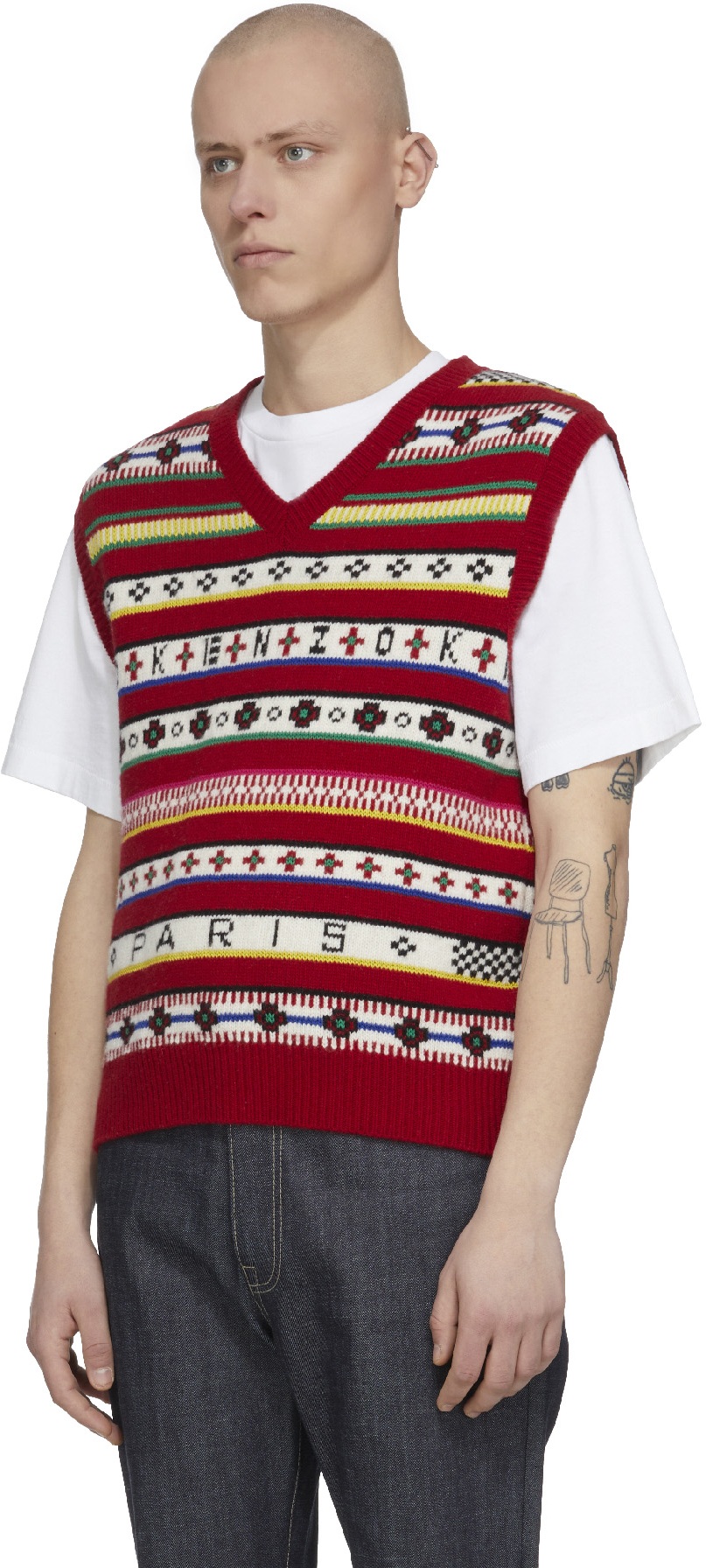 Kenzo: Red 'Fair Isle' Jacquard Knit V-Neck Sweater - 2